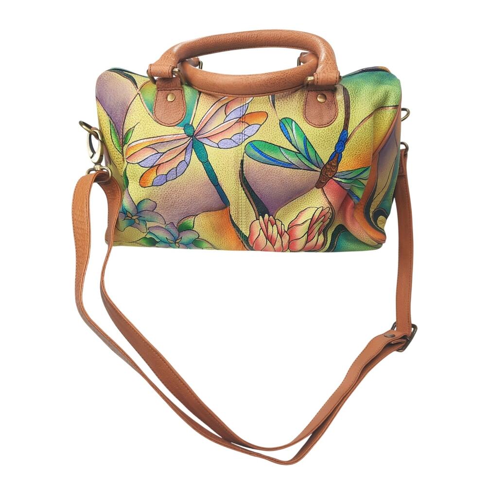 Anna by Anuschka Leather Satchel Dragonfly Glass Painting Zip Around Purse NWOT